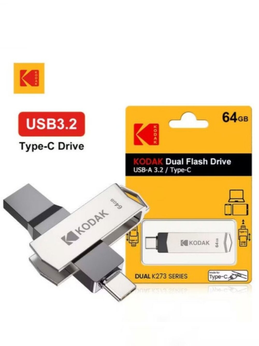 KODAK K273 Dual Flash Drive 64GB USB-A 3.2 / Type-C New! Sealed!